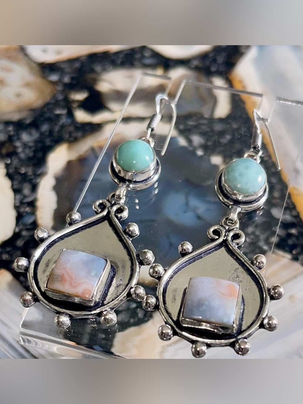 Crazy Lace Agate & Larimar Crystal Earrings 2 1/2”